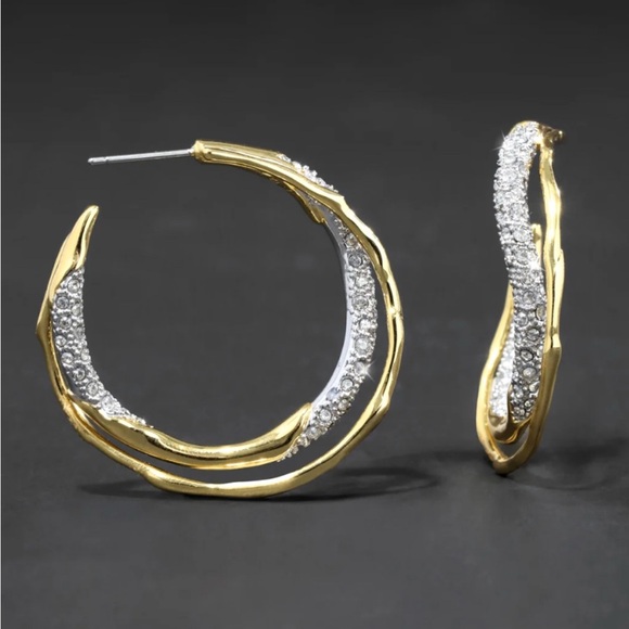 Intertwined Gold Two Tone Silver Pave’ Hoop Earrings Alexis Bittar STYLE S18 - Picture 1 of 6
